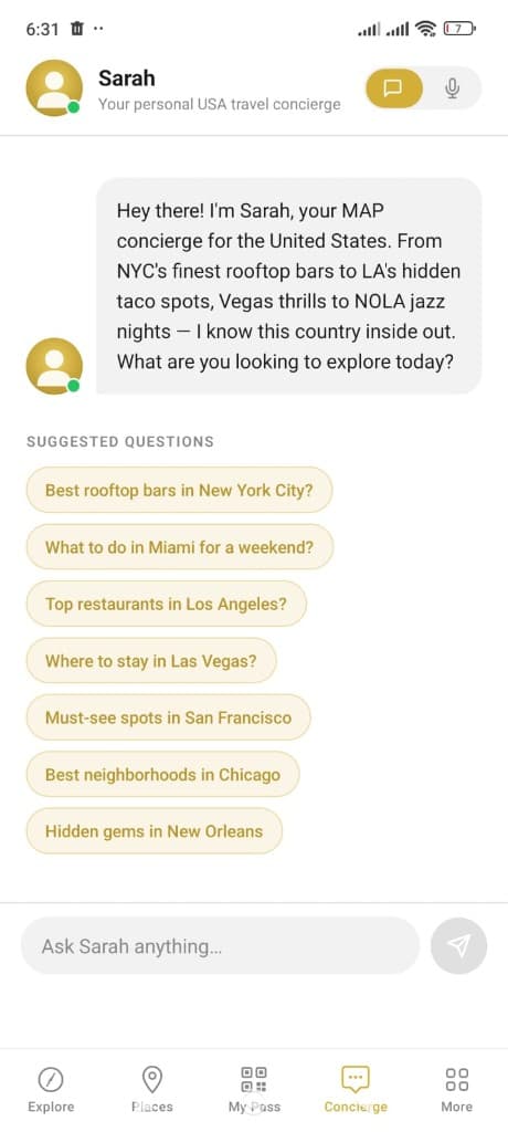 MyAtlasPass mobile app — Sarah AI concierge chat with suggested travel questions